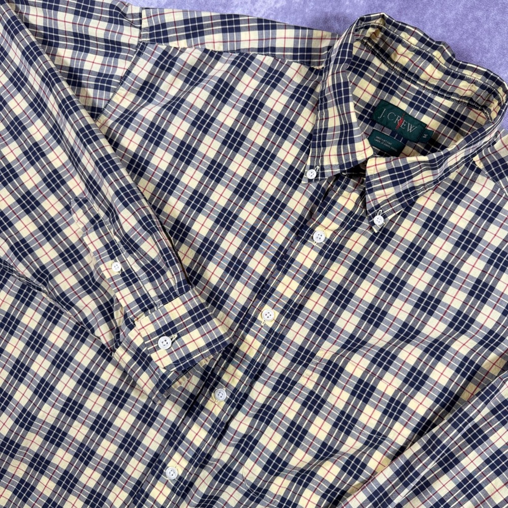 J. Crew Mens Plaid Button Down Shirt Medium Yellow Navy Blue Cotton Long Sleeve